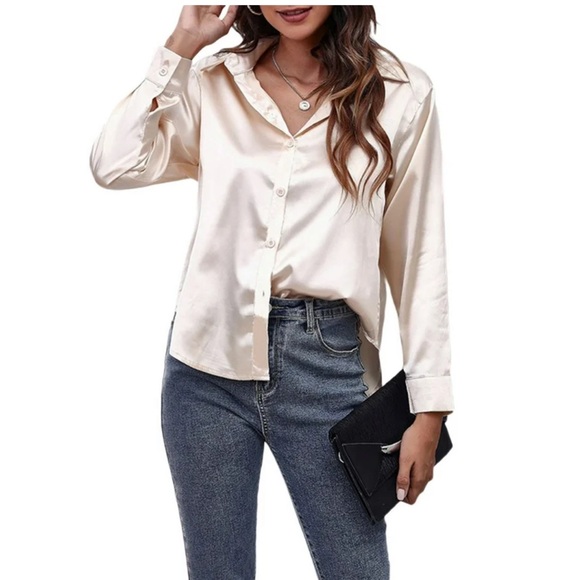 SATIN SILK FEEL SOLID COLOR LONG SLEEVE BUTTON DOWN💙 - Picture 2 of 3